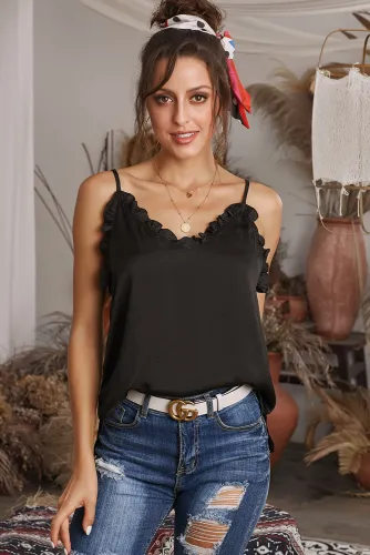 Black V-Neck Ruffle Adjustable Spaghetti Strap Tank Top