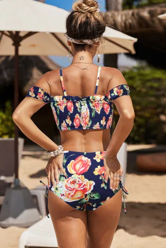 Blue Off-the-shoulder Printed Smocked High Waist Bikini