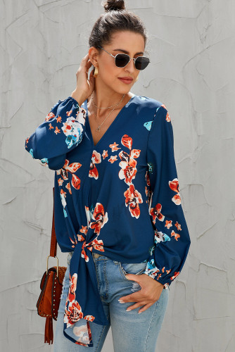 Orange V Neck Long Sleeve Tie Front Blouse