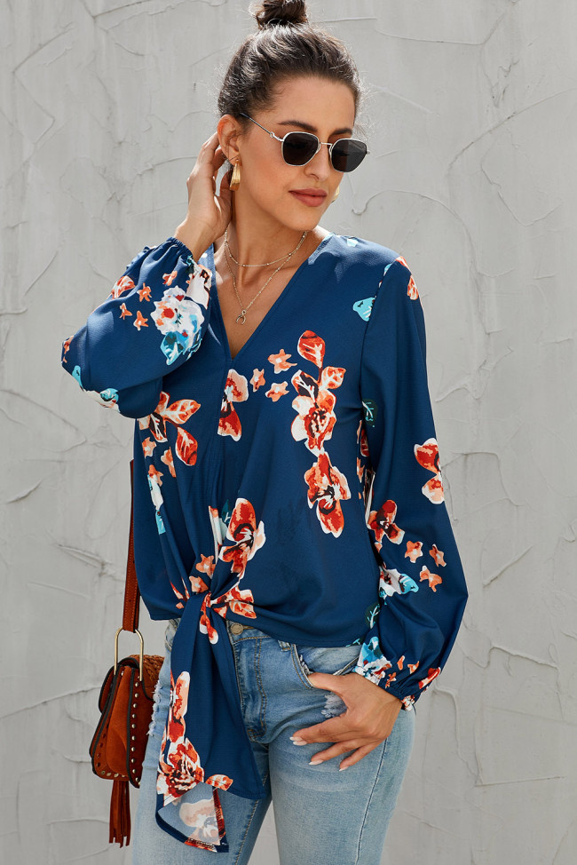 Orange V Neck Long Sleeve Tie Front Blouse