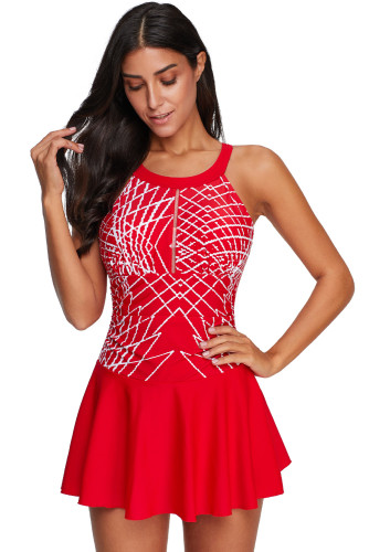 Red Printed Tankini Swimdress with Boyshort