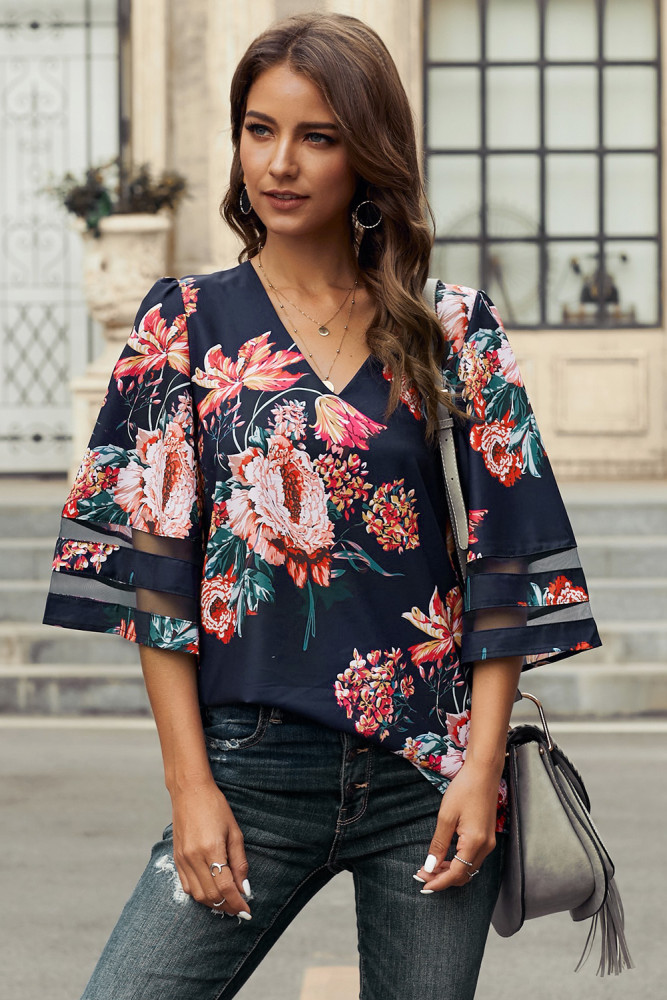 Red 3/4 Flared Sleeve Floral Blouse