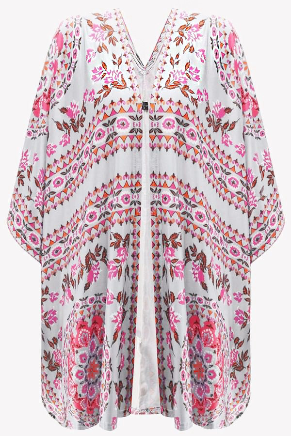 White Floral Kimono Cardigan Open Front Cover Up