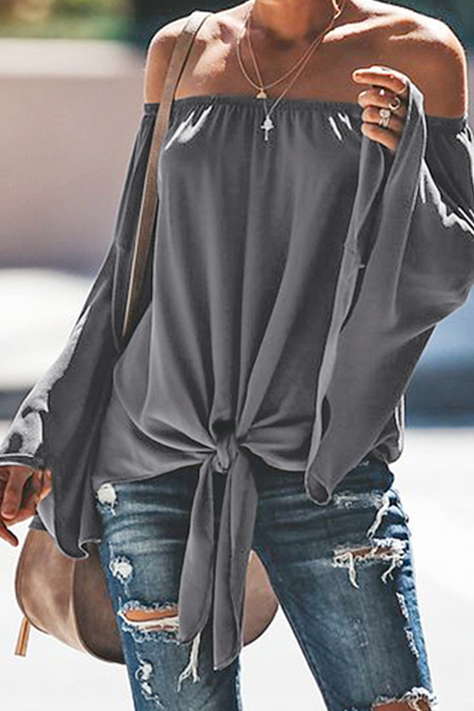 Gray Off The Shoulder Bell Sleeve Tie Blouse