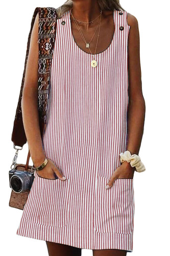 Pink Boho Crew Neck Pockets Daily Striped Shift Dress