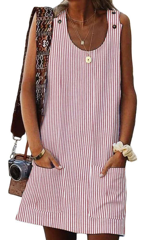 Pink Boho Crew Neck Pockets Daily Striped Shift Dress