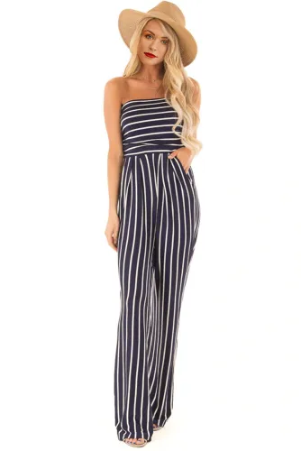 Blue White Striped Sleeveless Jumpsuit