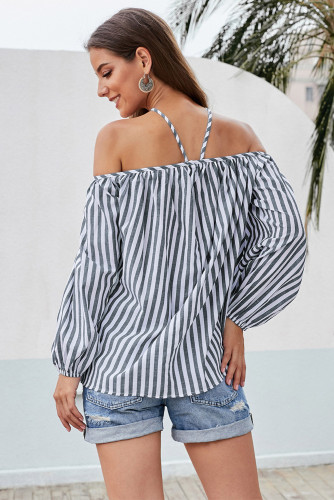 Gray Striped Off Shoulder Halter Blouse