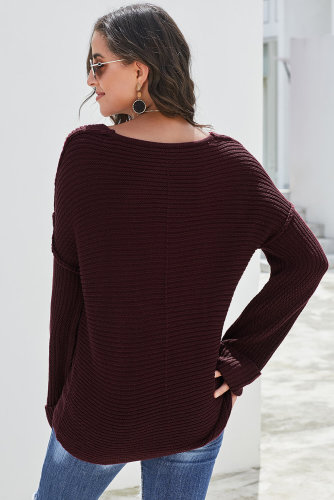 Red Textured V Neck Pullover Sweater