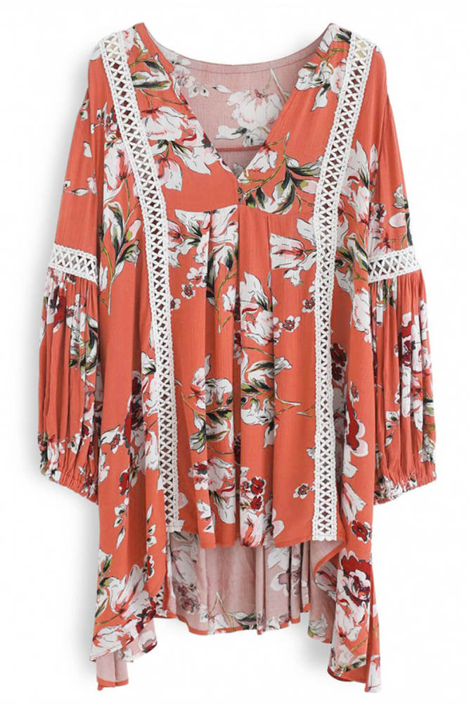 Orange Long Sleeve V Neck Hollow Out Boho Floral Blouse