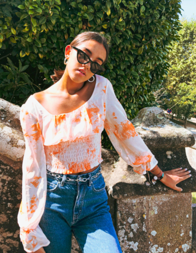 Orange Shirred Long Sleeve Crop Top