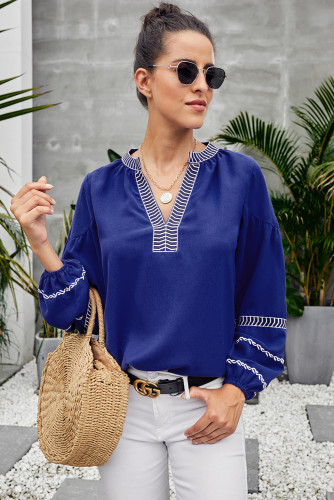 Blue V Neck Bohemian Printed Lantern Sleeve Blouse