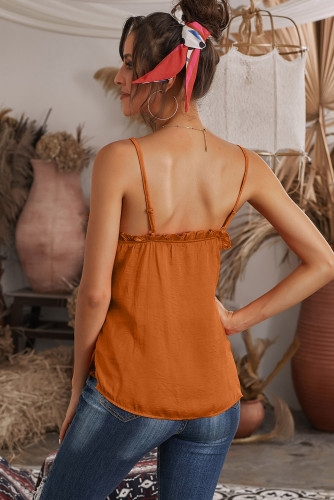 Orange V-Neck Ruffle Adjustable Spaghetti Strap Tank Top