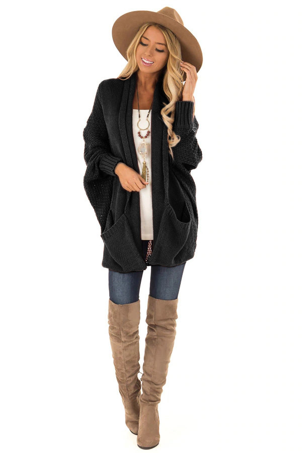 Black Patch Pockets Batwing Sleeve Cardigan