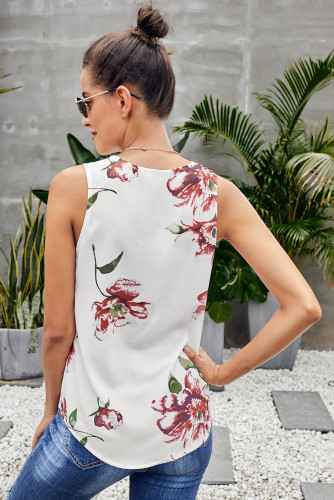 White Floral Sleeveless V Neck Zip Up Tank Top
