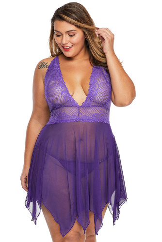 Purple Deep V Neck Halter Plus Size Babydoll