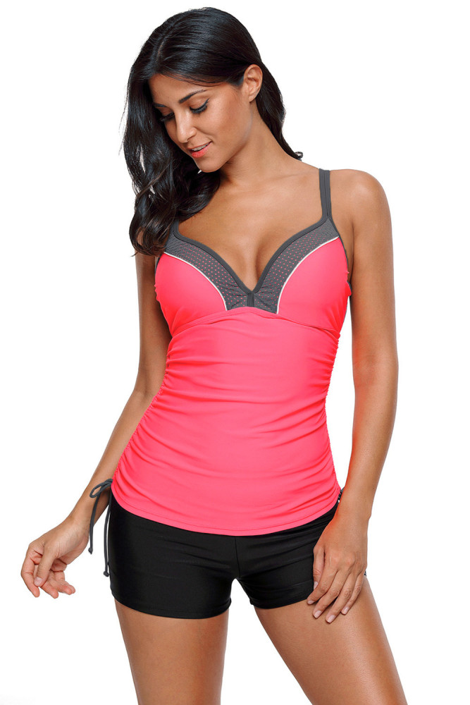 Red Ruched Ties Side Push Up Tankini Top