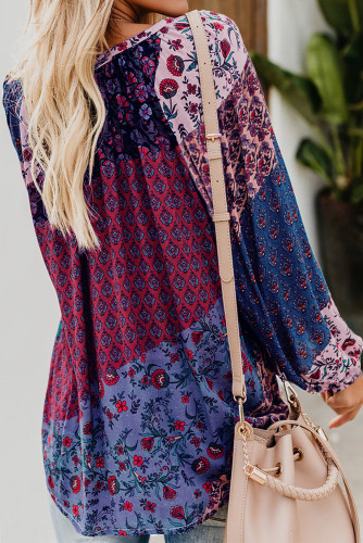Purple Floral Print Peasant Blouse