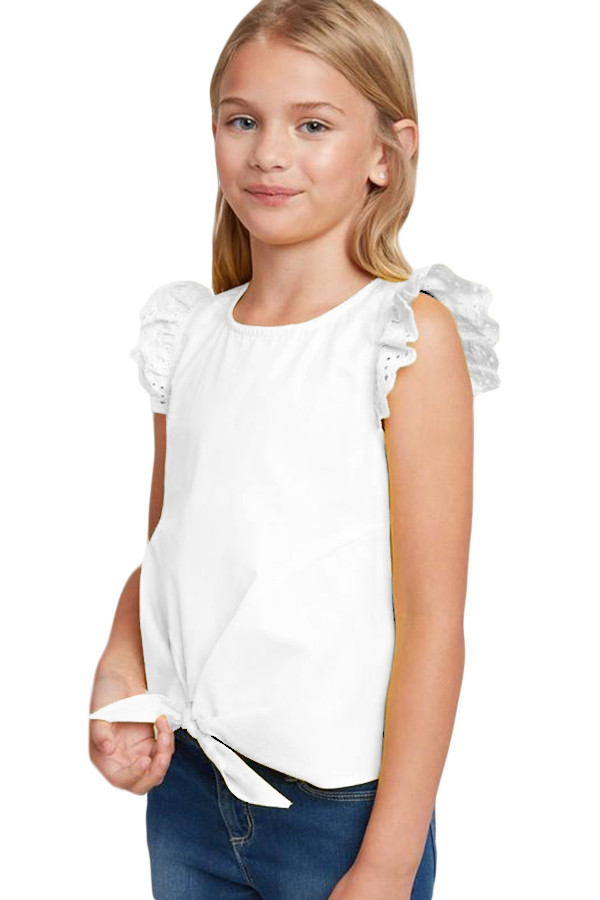 White Eyelet Sleeve Tie-front Top
