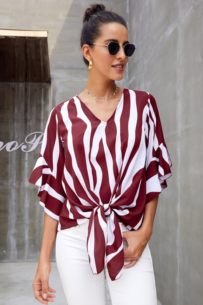 Red Vertical Stripes V Neck 3/4 Sleeve Blouse