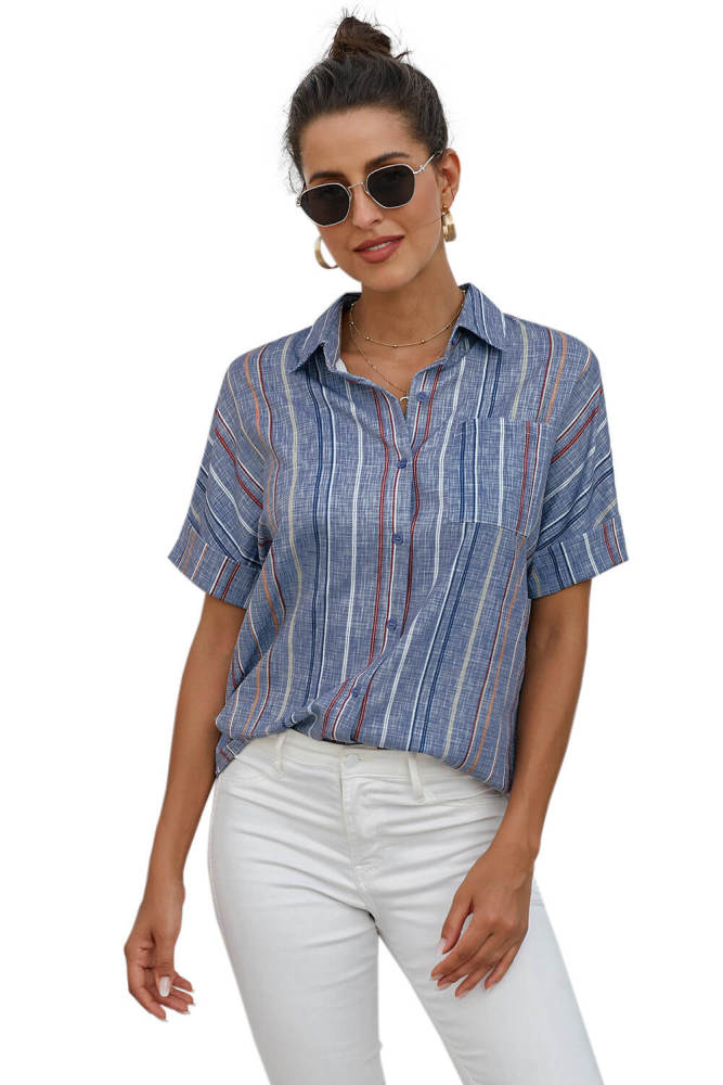 Blue V Neck Stripes Roll up Sleeve Button Down Shirt