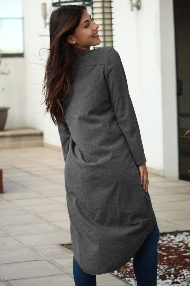 Gray Selected Button Down Pocketed High Low Cardigan