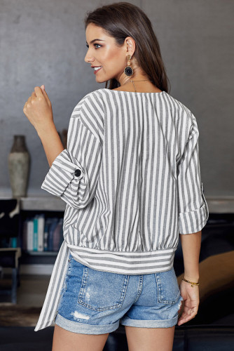 Gray Striped Wrap Button Up Shirt
