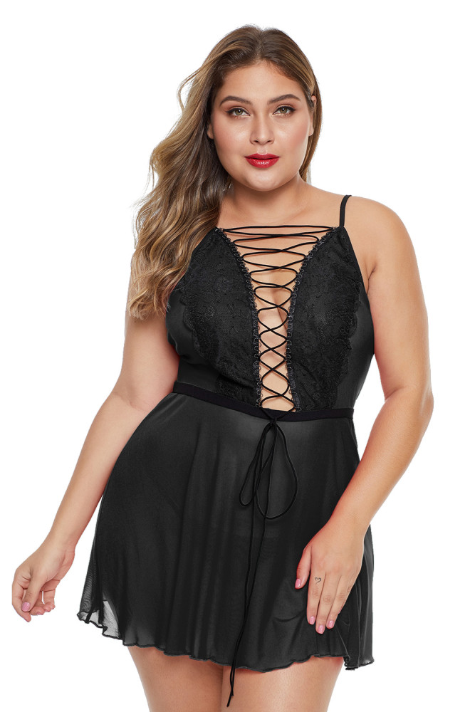 Black Lace-up Plus Size Babydoll