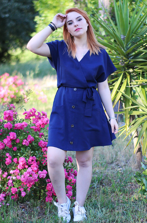 Blue Button Short Sleeve Casual Dress