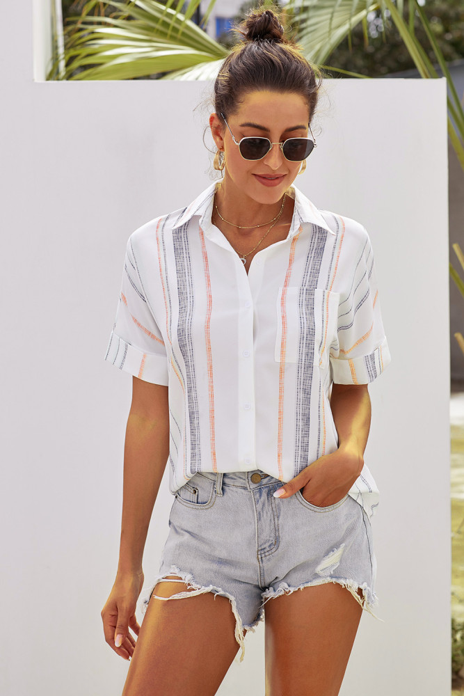 Orange V Neck Stripes Roll up Sleeve Button Down Shirt