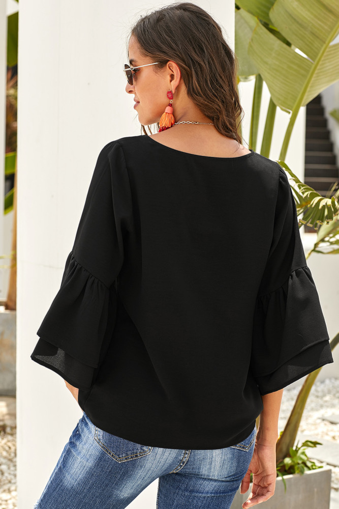 Black Cute V Neck Bell Sleeve Shift Blouse