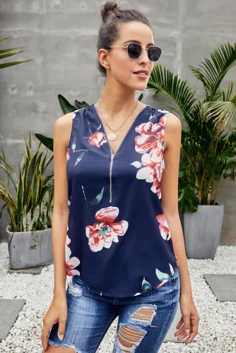Blue Floral Sleeveless V Neck Zip Up Tank Top