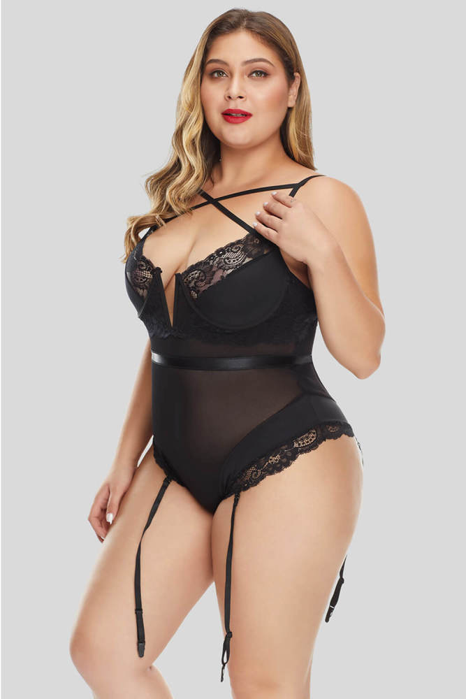 Criss Cross Detail Hollow-out Back Plus Size Teddy Lingerie