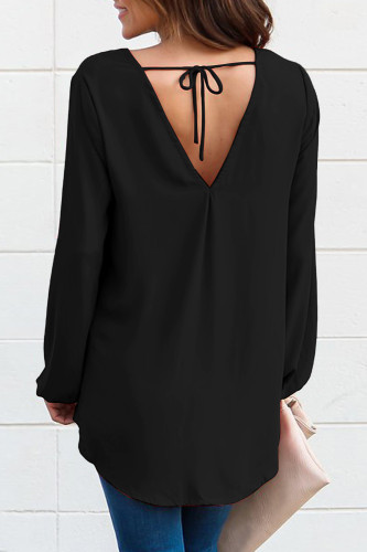 Black Long Sleeve Twist Front Slit Blouse