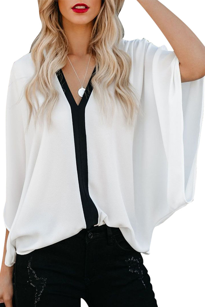 White Fashion Contrast Color V Neck Blouse