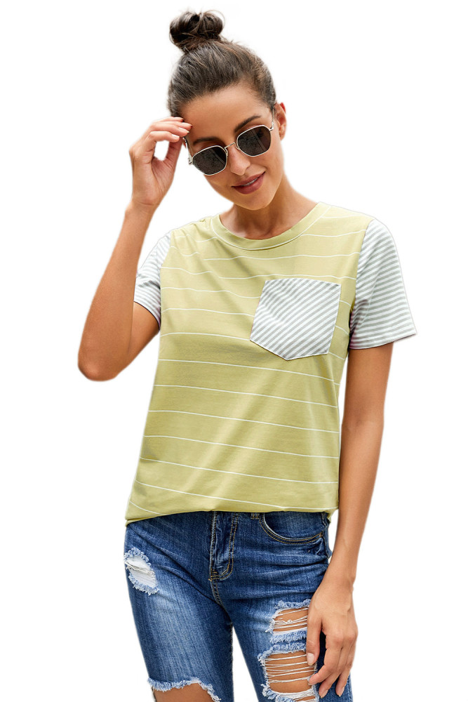 Yellow Striped Short Sleeve Contrast Color T-Shirt with Pocket