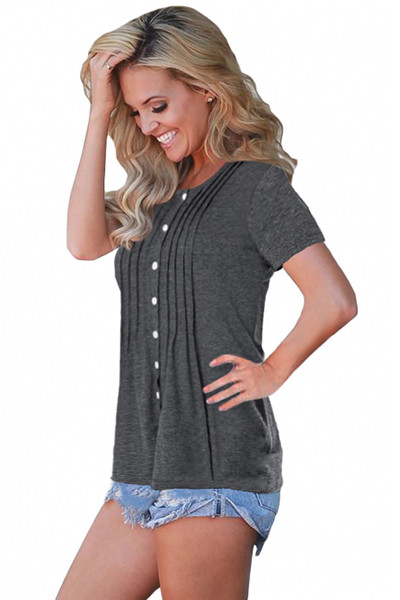 Gray Button Up Crinkle Chest T Shirt