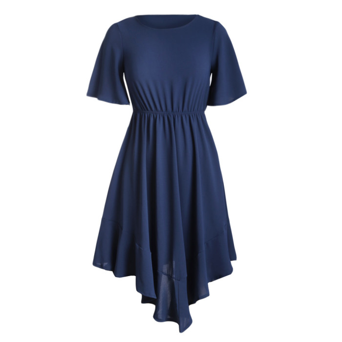 Blue Chiffon Irregular Hem Short Sleeve Pleated Dress