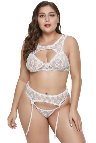 White Hollow-out Bust Plus Size Bralette Set