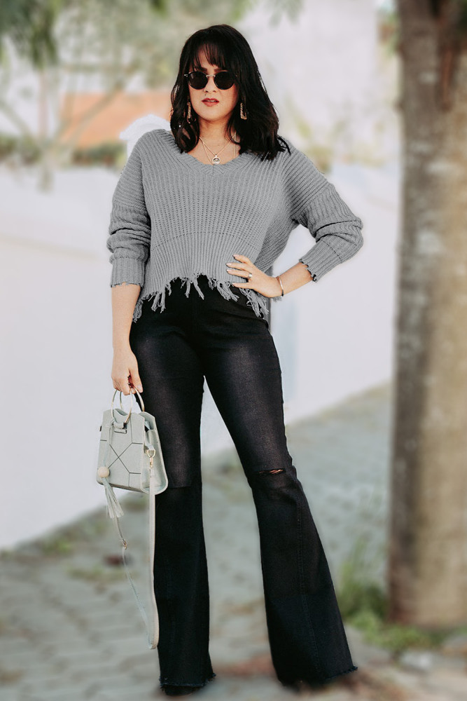 Gray Tainted Love Cotton Distressed Sweater