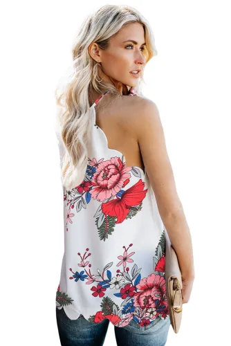 Red Summer Sleeveless Floral Print Tank Top