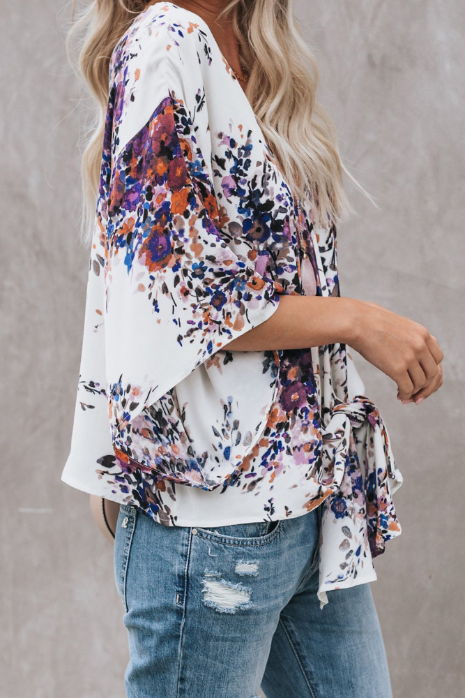 Purple Floral Printed Deep V Neck Tie Front Blouse
