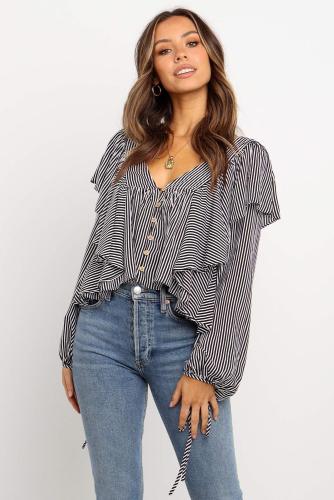 Black Button Ruffle&Tie Striped Shirt