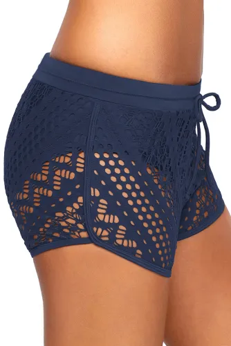 Blue Drawstring Waist Lace Panel Plus Size Swimwear Shorts
