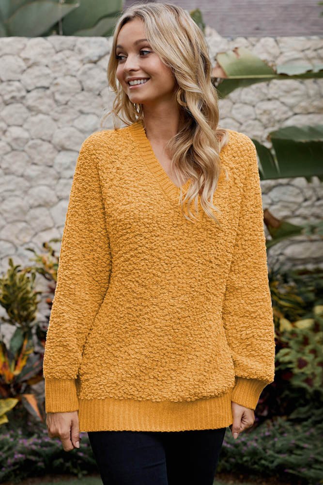 Yellow Ribbed V Neckline Popcorn Knit Sweater