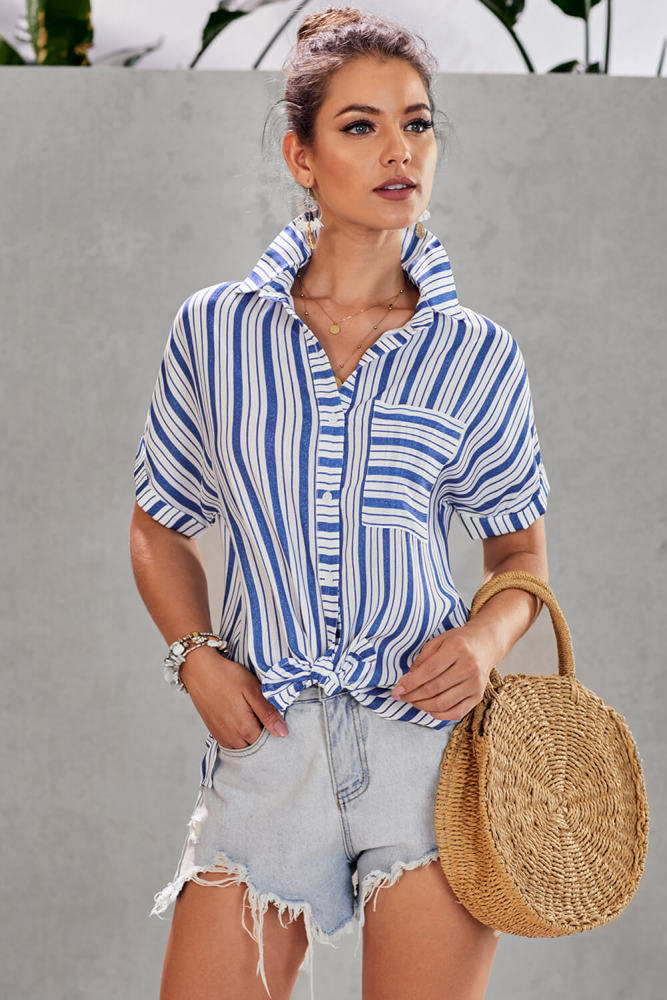 Blue Stripe Casual Collar Short Sleeve Shirt