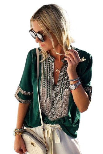 Green Elbow Length Sleeves Front Embroidery Blouse