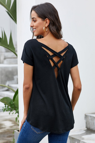 Black Criss Cross Short Sleeve T Shirt