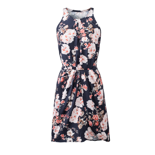 Black Halter Neck Floral Print Sleeveless Casual Mini Dress