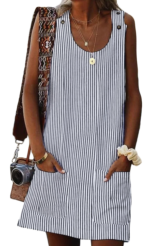 Black Boho Crew Neck Pockets Daily Striped Shift Dress
